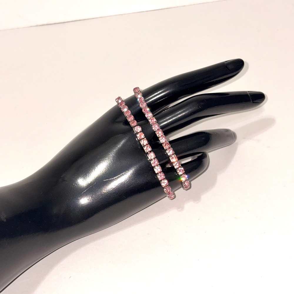 Pink Rhinestone Silver Tone Stretch Tennis Bracelet Set of 2 Bangle Extendable - Picture 9 of 11